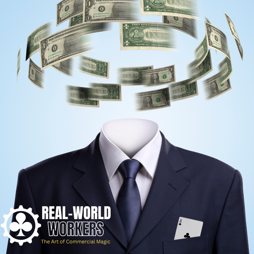 Headless Magician with dollars flying around where is head should be.